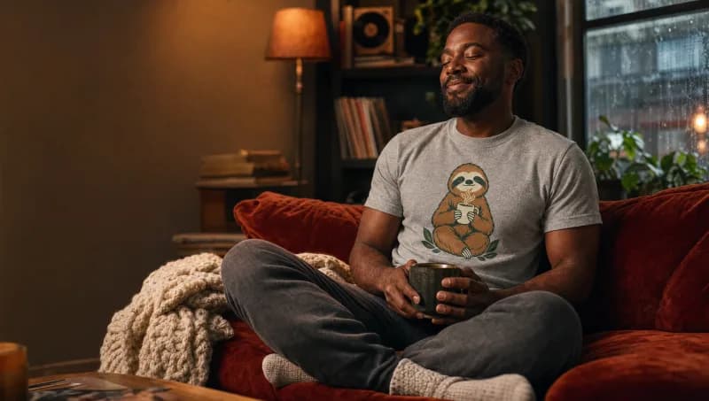 A man relaxing on a terracotta sofa with a mug on a rainy morning, wearing the Home Café Pause sloth tee in sport grey.