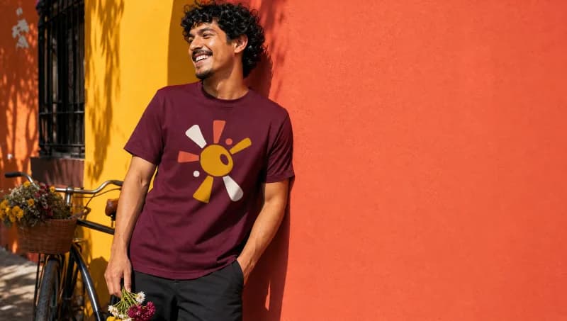 A man laughing against a bright coral and marigold wall beside a flower-basket bicycle, wearing the Odd Sun tee in maroon.
