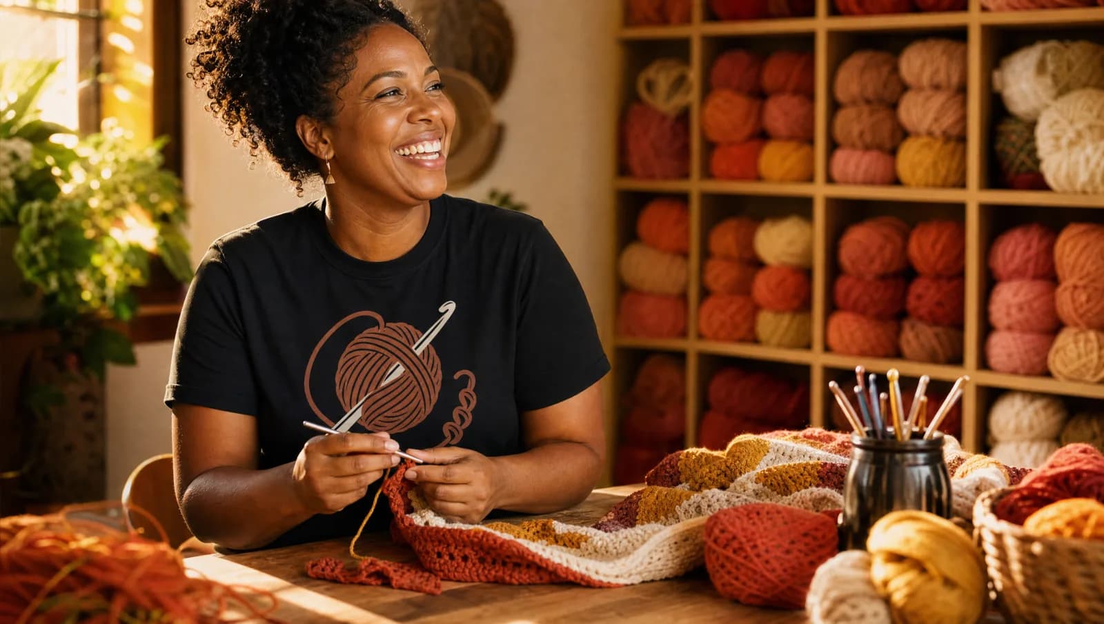 امرأة تضحك وهي تحيك بالكروشيه أمام جدار من كرات الصوف الملوّنة، ترتدي قميص Yarn Orbit بالأسود.