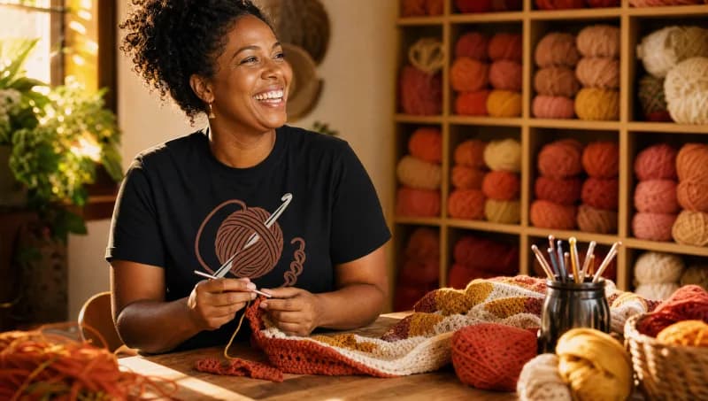 A woman laughing as she crochets in front of a wall of colourful yarn, wearing the Yarn Orbit tee in black.