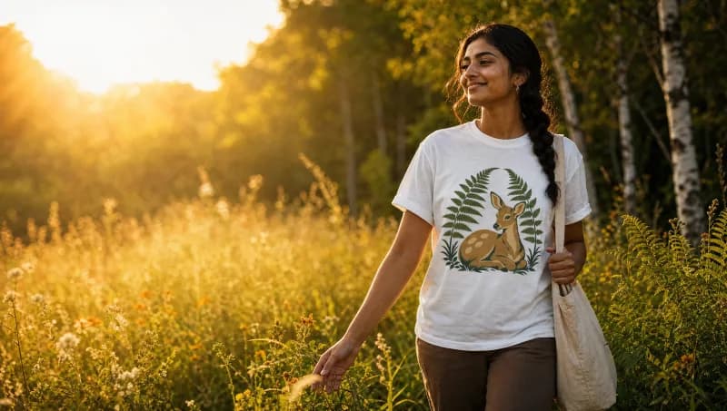 A woman walking through a golden-hour meadow with a canvas tote, wearing the Fawn & Fern tee in white.
