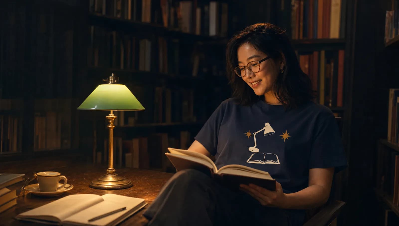 امرأة تقرأ بجانب مصباح مكتب أخضر في مكتبة خشبية داكنة، ترتدي قميص Night Desk بالكحلي.