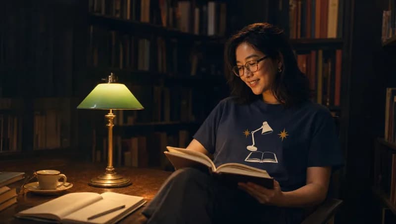 A woman reading by a green banker's lamp in a dark wood library, wearing the Night Desk tee in navy.