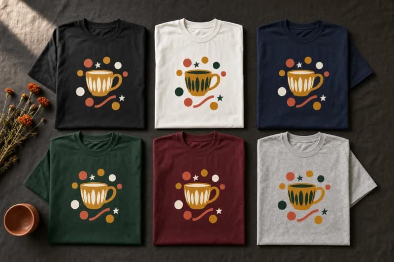 Flat lay of six folded Cup Confetti tees in black, white, navy, forest green, maroon and sport grey on charcoal linen.