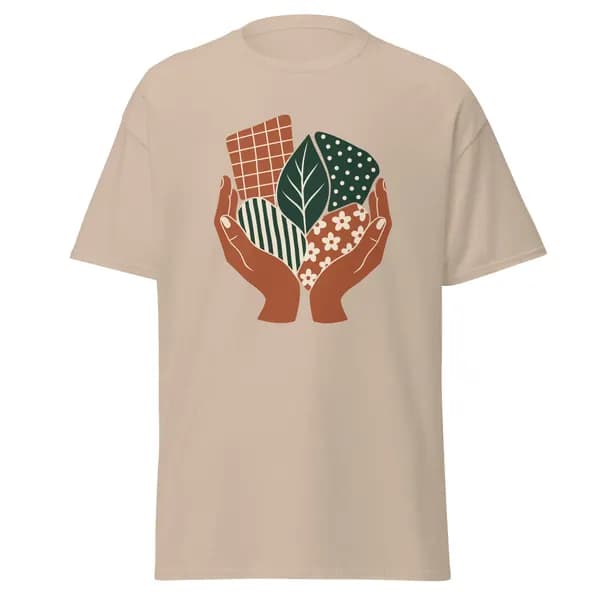 Patchwork Palms digital garment preview · Sand