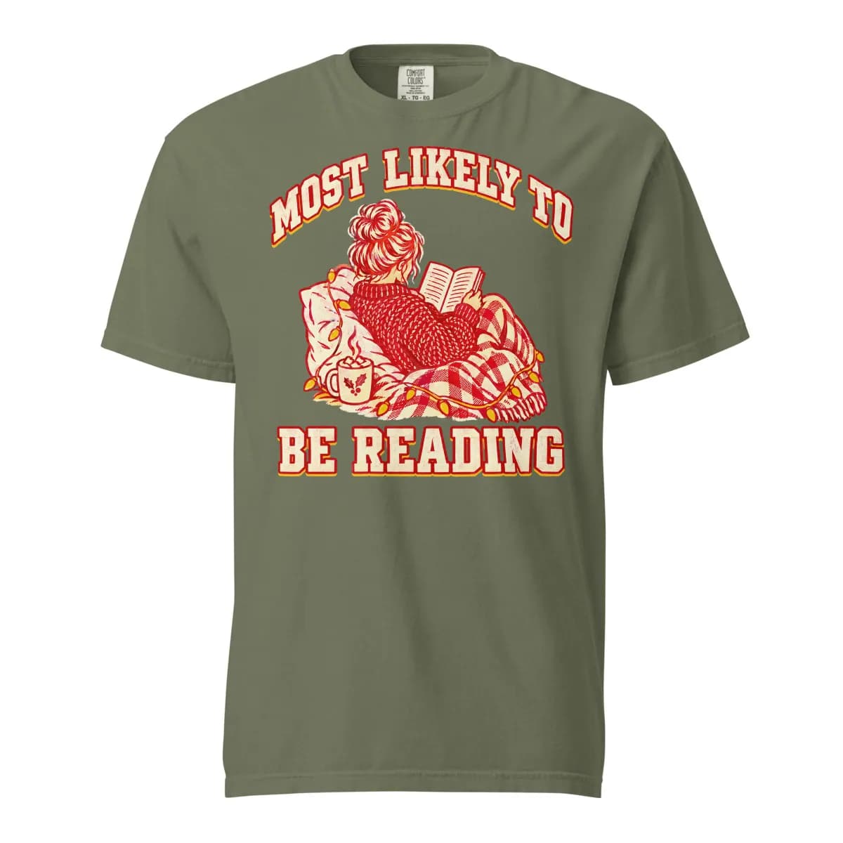Most Likely to Be Reading Garment-Dyed Tee digital garment preview · Moss