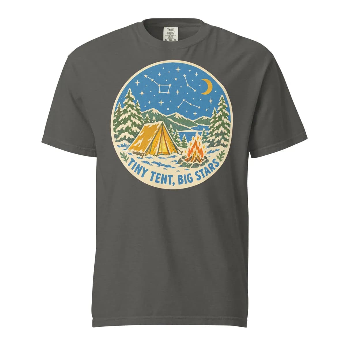 معاينة رقمية لقطعة Tiny Tent, Big Stars Garment-Dyed Tee · رمادي فلفلي