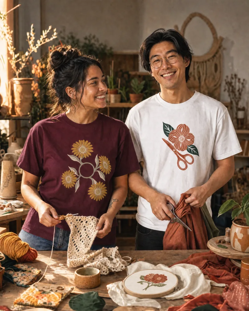 Two smiling makers in a sunlit craft studio holding crochet and fabric, wearing Daisy Compass on maroon and Scissor Bloom on white.