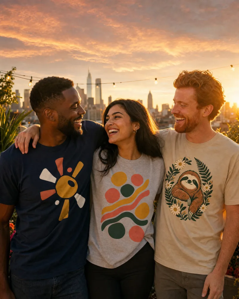 Three friends arm in arm on a city rooftop at golden hour, wearing Odd Sun on navy, Dot Wave on sport grey and Wildflower Window on sand.