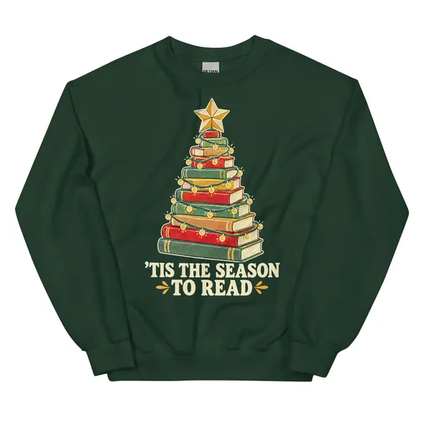 معاينة رقمية لمنتج 'Tis the Season to Read Sweatshirt · أخضر غابي
