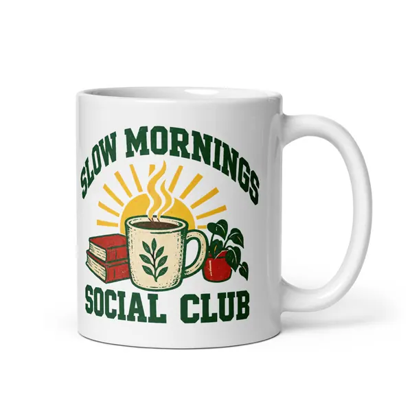 معاينة رقمية لمنتج Slow Mornings Social Club Mug · أبيض
